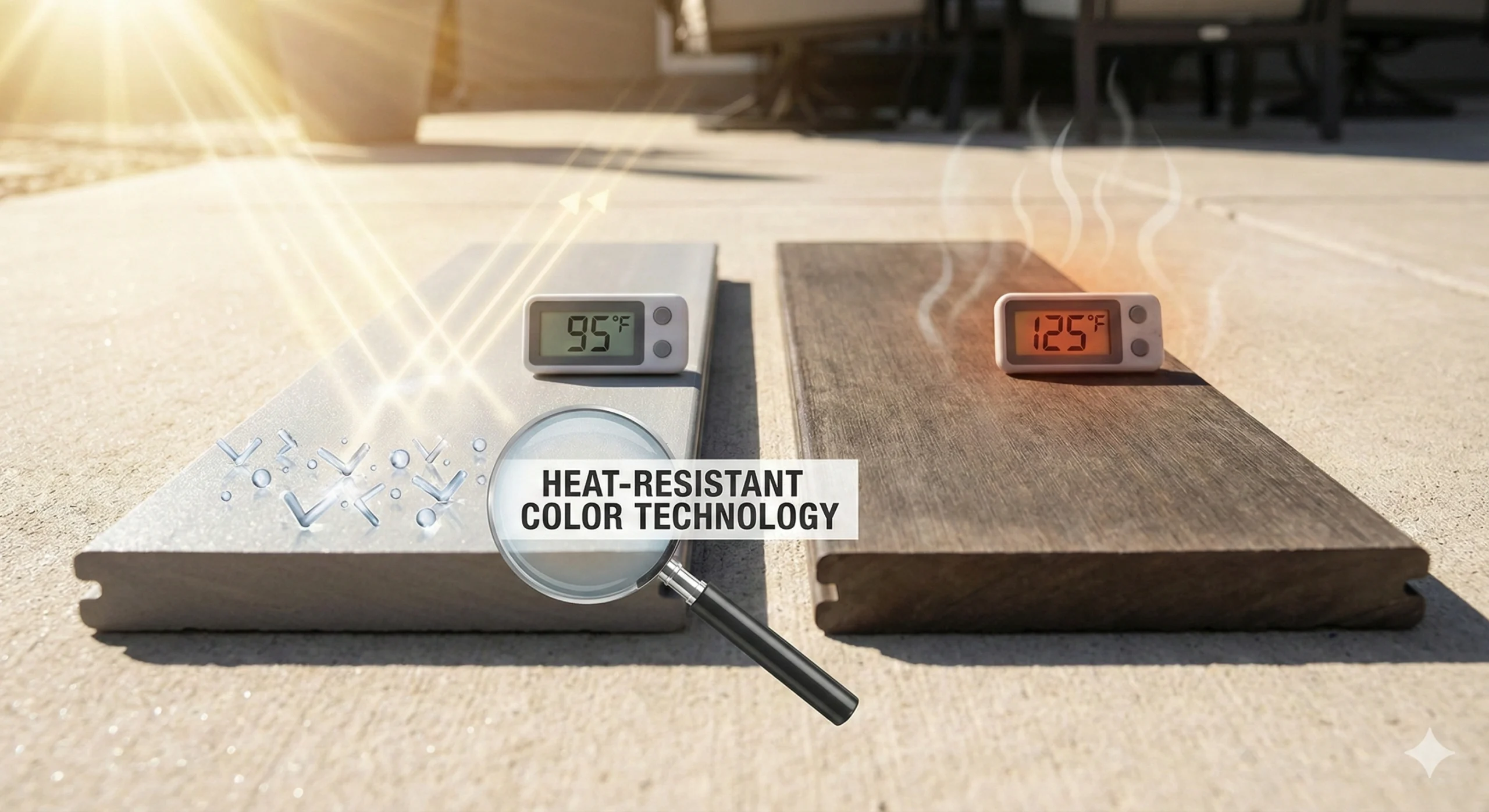 Temperature comparison of 95°F versus 125°F showing how heat-resistant composite decks stay cooler.