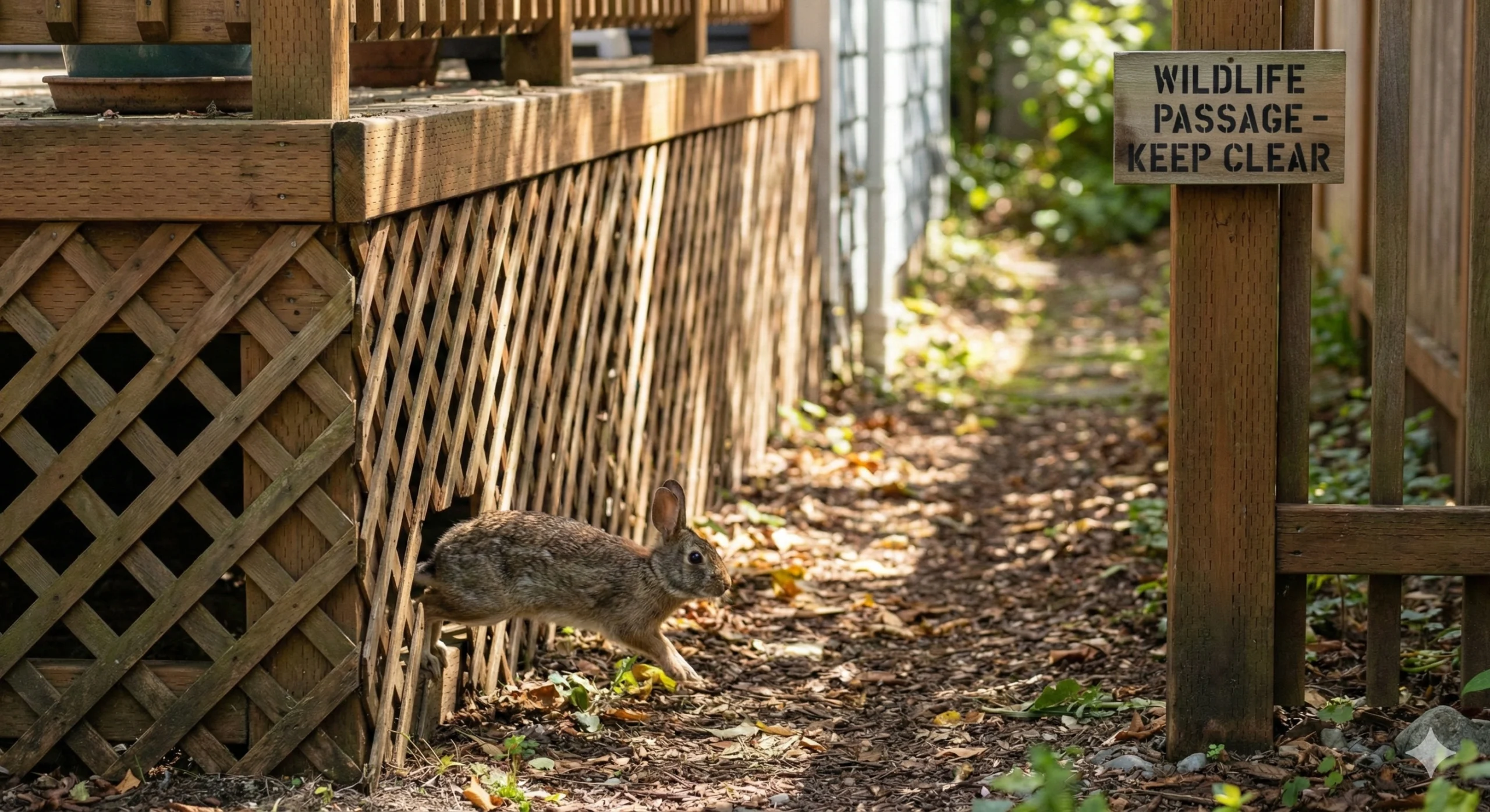Rabbit exiting a hole in lattice skirting showing how deck design help wildlife navigate gardens