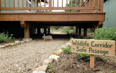 Rabbit running on gravel under wooden beams showing how deck design help wildlife traverse yards