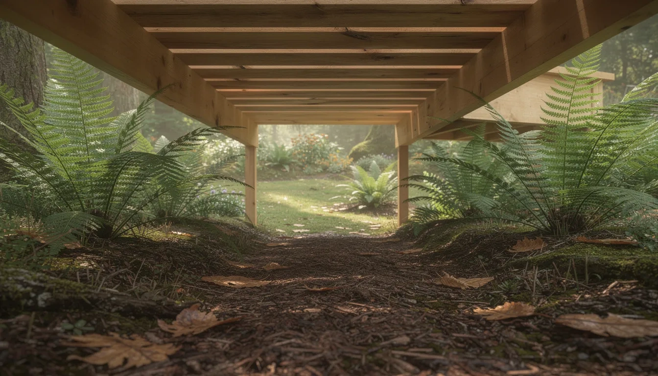 Ferns growing beneath wooden beams showing how open deck design help wildlife navigate gardens