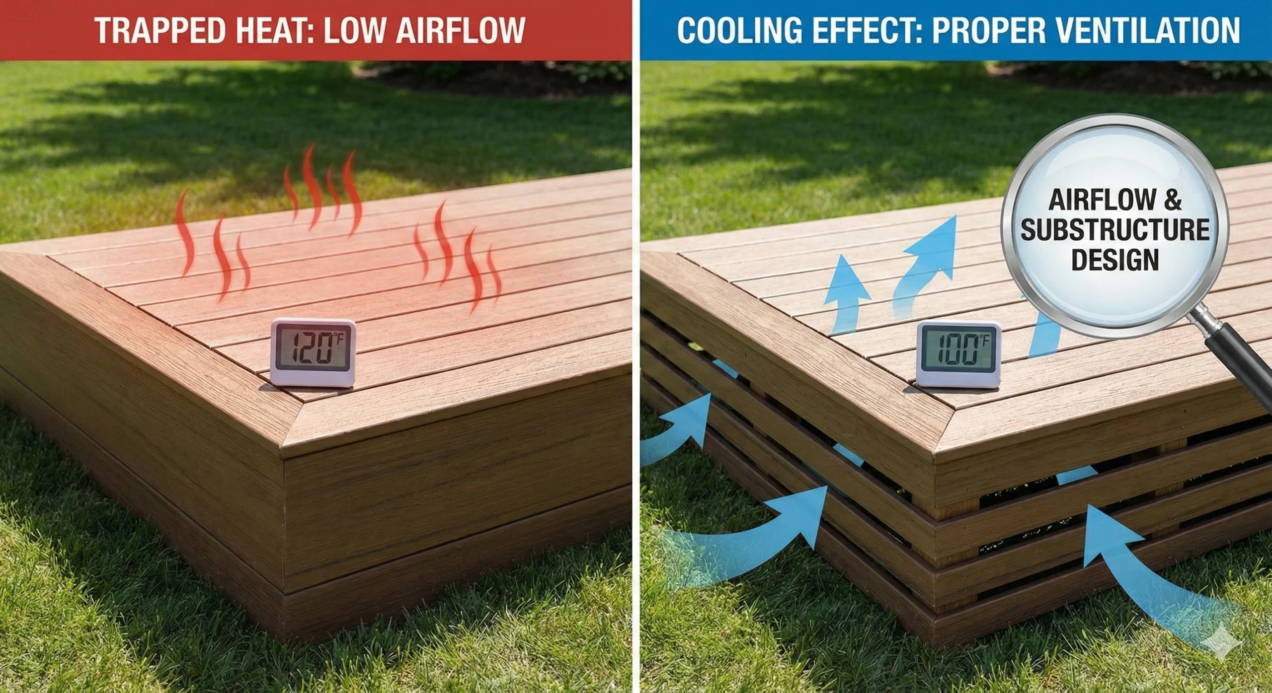 Infographic comparing airflow vs trapped heat to show how composite decks stay cooler with proper ventilation.