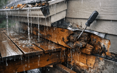 A screwdriver pressing into a rotting wood ledger board during a rainstorm, demonstrating why deck drainage fixes are necessary to prevent water damage from overflowing gutters.