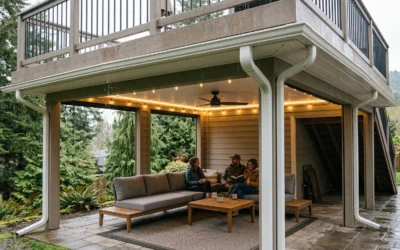 Friends relax on a dry, well-lit patio protected by under-deck waterproofing deck systems Seattle.