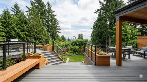 Custom multi-level composite deck with cedar accents and city skyline view built by a professional deck builder Seattle.