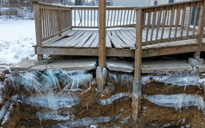 Damaged deck on frozen soil, illustrating the effects of NJ frost line depths.