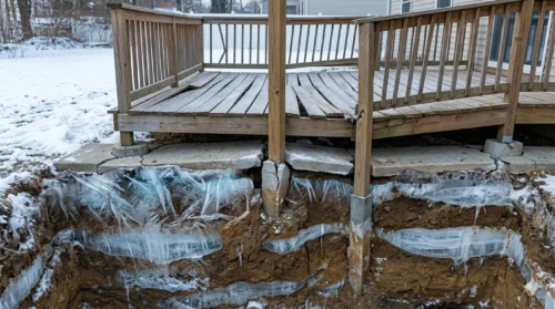 Damaged deck on frozen soil, illustrating the effects of NJ frost line depths.