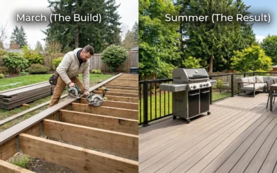 Split view proving why to schedule deck builds in March to get a completed, furnished backyard ready for summer barbecues.