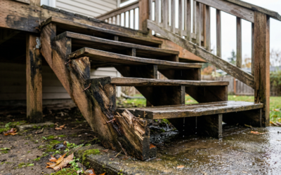 Severe wood rot on deck stair stringers and treads showing visible moisture damage and structural decay.