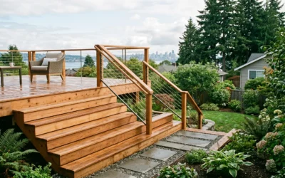 Modern cedar deck staircase with cable railing in Seattle, showing the key elements of professional deck staircase planning.