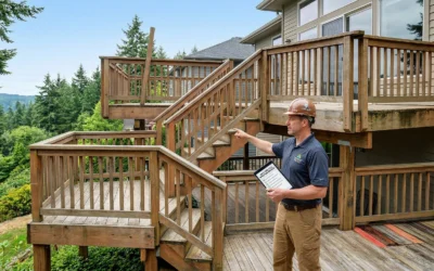 Inspector with tablet evaluates complex wooden structure, highlighting the need for deck inspections for multilevel decks in residential areas.