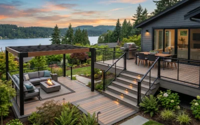 A multi-level composite deck with dining, grill, lounge, pergola, and fire pit showing practical split level deck ideas.