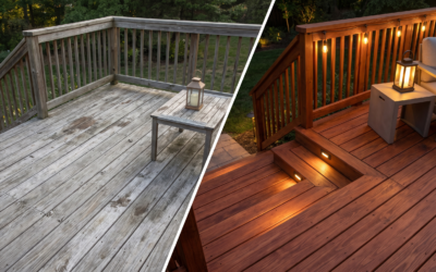 Split screen comparison showing an old, weathered gray wood deck next to a beautifully stained wood deck with warm ambient lighting at night.