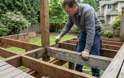 A carpenter inspecting the structural integrity of wooden joists to determine if the frame is suitable for deck resurfacing.