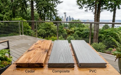 Cedar, composite, and PVC decking choices are displayed side-by-side on a table overlooking a lush city skyline.