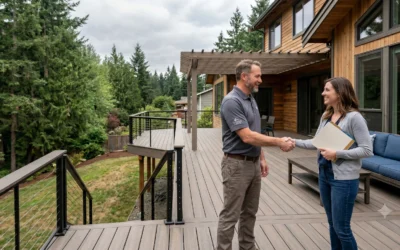 A contractor and homeowner shake hands on a large wooden patio when hiring a deck builder in Seattle.