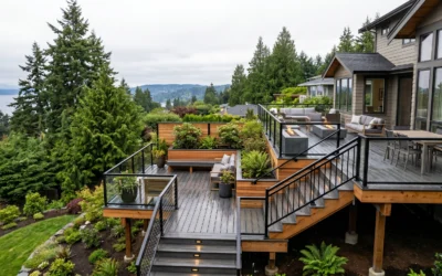 Modern elevated deck design with glass railings, lounge areas, and a beautiful water view.