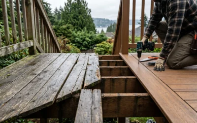 A carpenter installs new composite boards while an old Seattle deck needs resurfacing nearby.