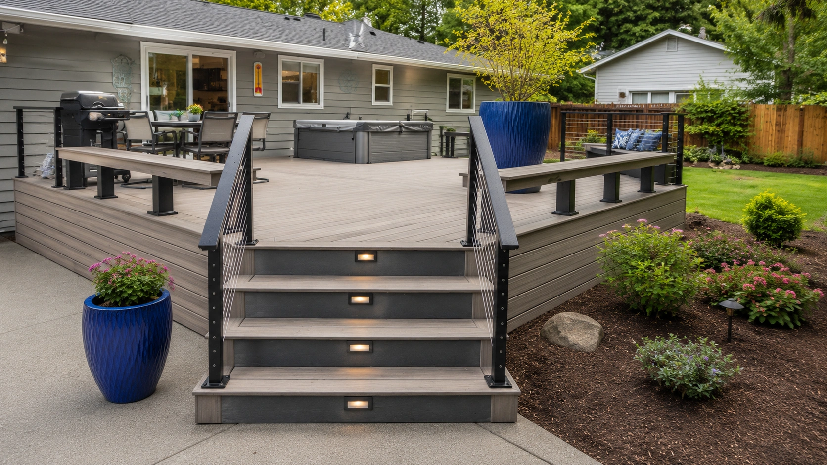 deck restoration warning signs Seattle This beautiful modern composite deck shows none of the deck restoration warning signs Seattle homeowners must look out for, like decay.