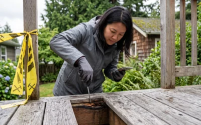 A woman uses a tool to check rotten wooden boards, revealing critical deck restoration warning signs Seattle homes face.