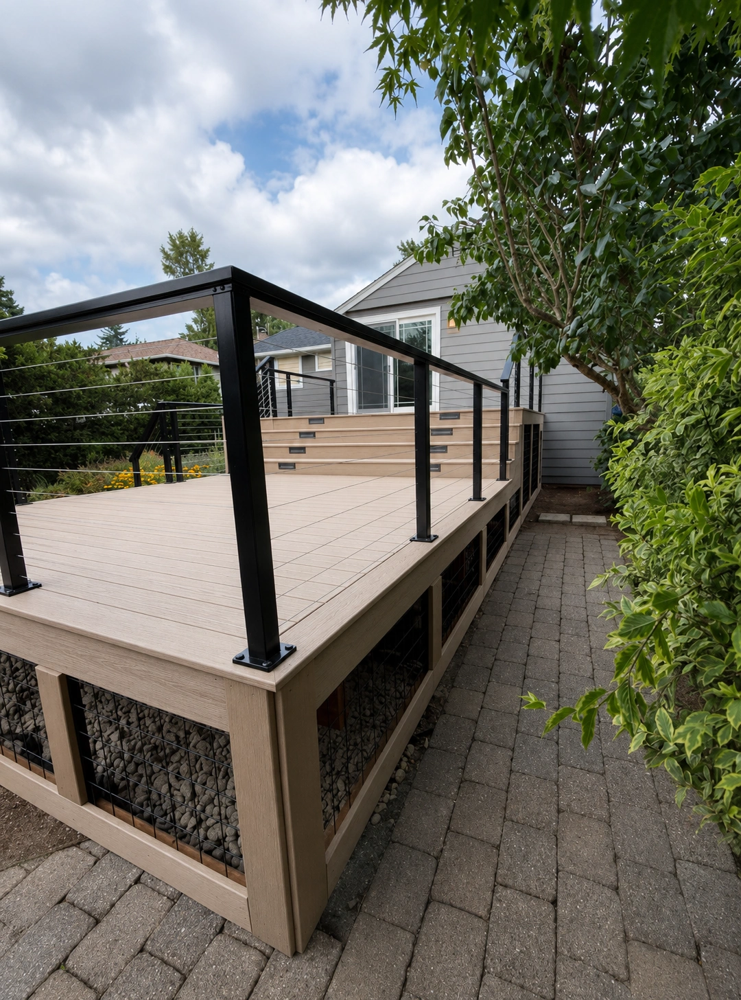 composite deck builder Modern tan patio with black cable railing completed by a composite deck builder.