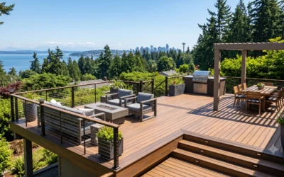 Custom patio with fire pit and city view built by a composite deck builder.
