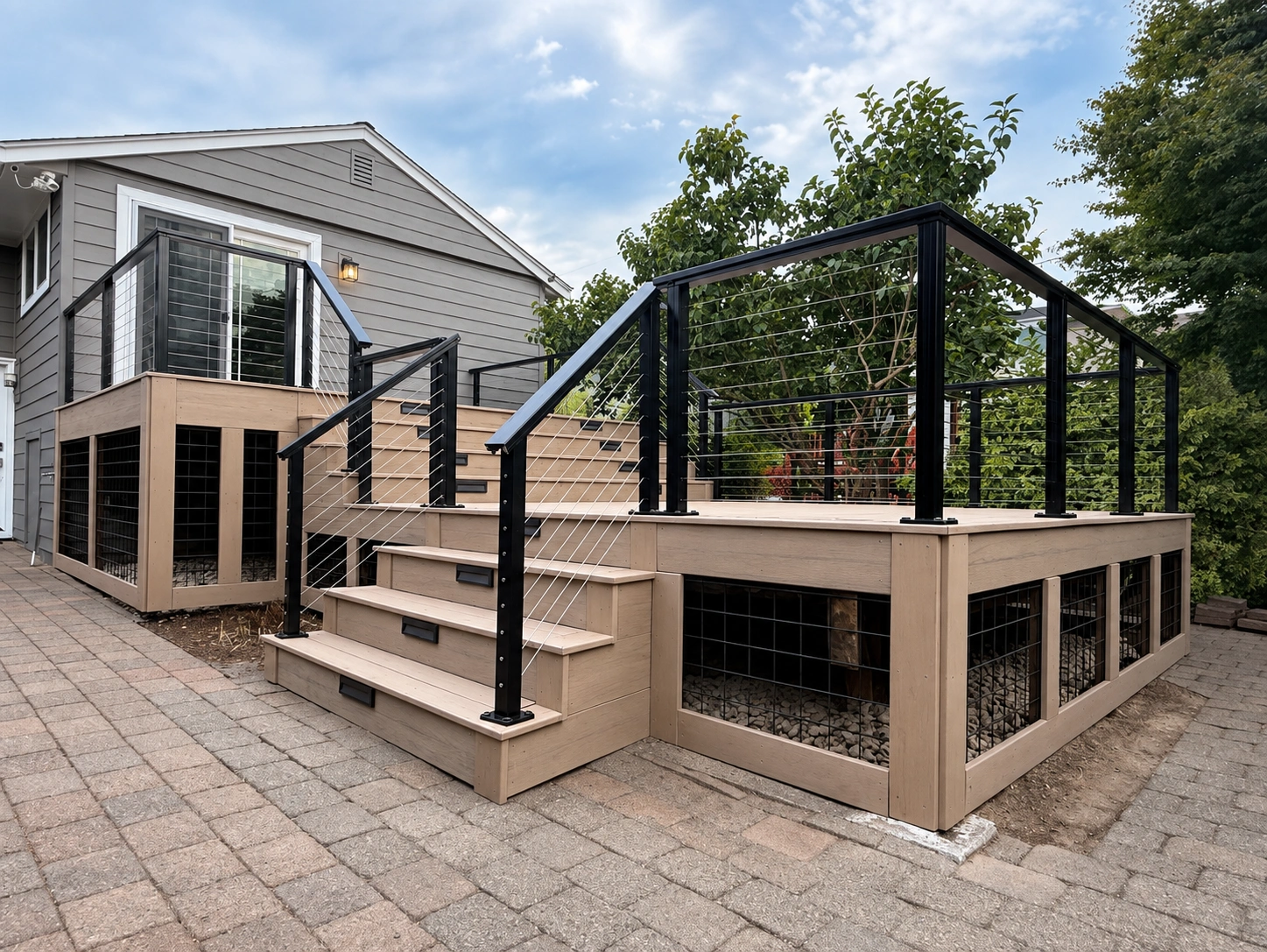 composite deck builder Multi-level tan patio with cable railings and step lights built by a professional composite deck builder.