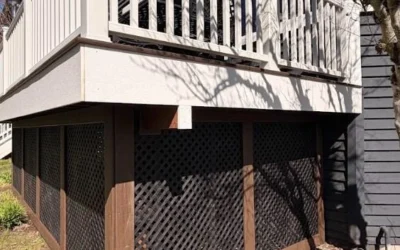 Deck Projects Elevated Structure Featuring Dark Lattice Skirting Built During A Trex Transcend Deck Replacement.