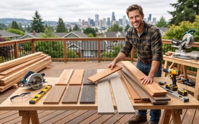 how to choose the right deck builder A Smiling Contractor Displaying Wood And Composite Deck Board Samples On A Workbench With Power Tools.