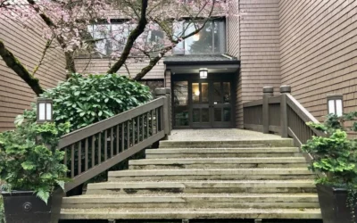 Deck Projects Weathered Wooden Front-Entry Stairs And Railings Before Deck Replacement In Seattle, Wa.